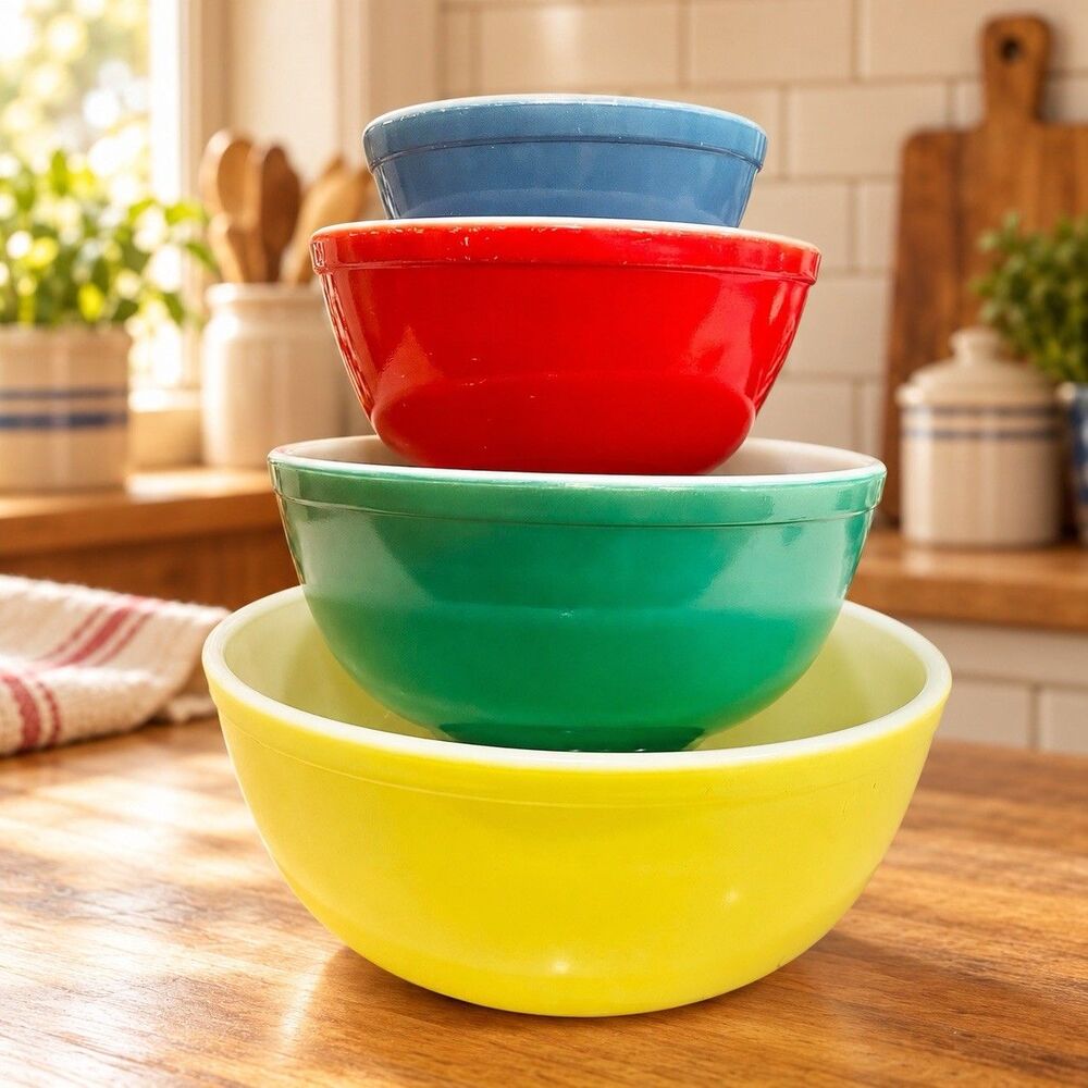 Vintage Pyrex Primary Colors Mixing Bowls Set 401 402 403 404 Complete 4 Pc USA